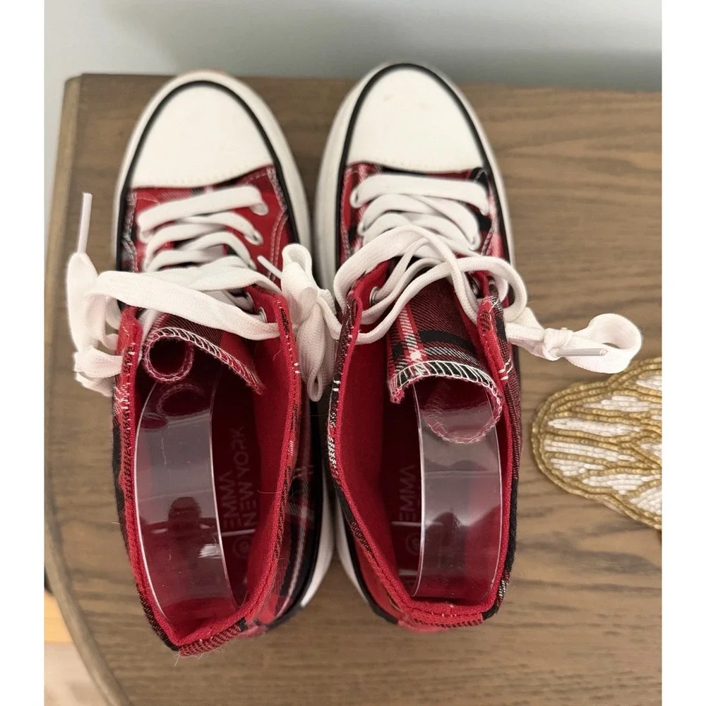 Platform High-Top Sneakers in Red Plaid - Unbranded